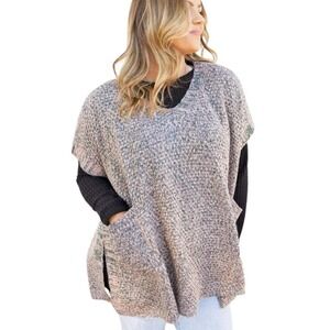 V Neck Knit Poncho‎ Top with Pockets Boxy Oversized Sweater Khaki Green OS NWT